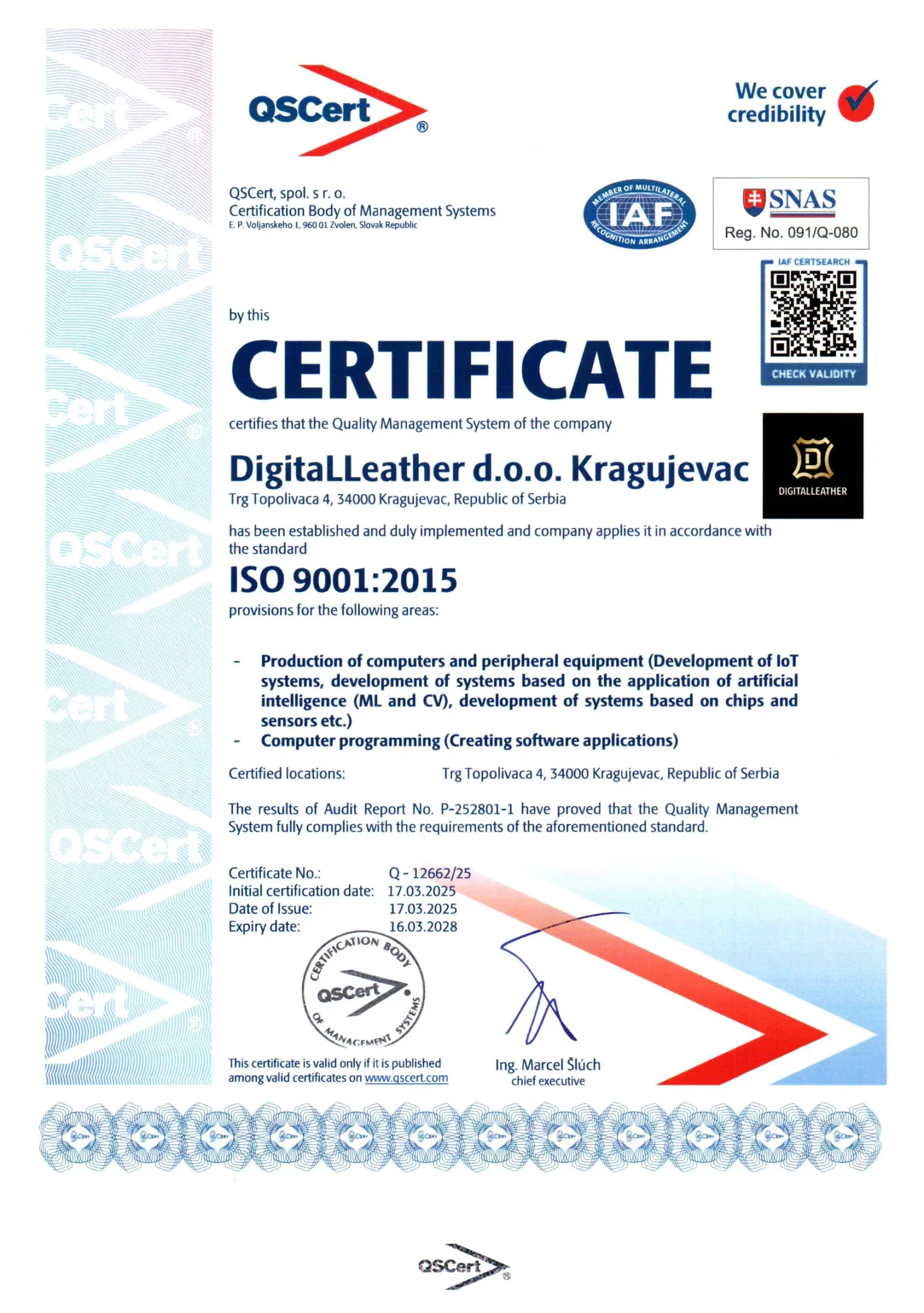 ISO 9001:2015 certificate in Serbian